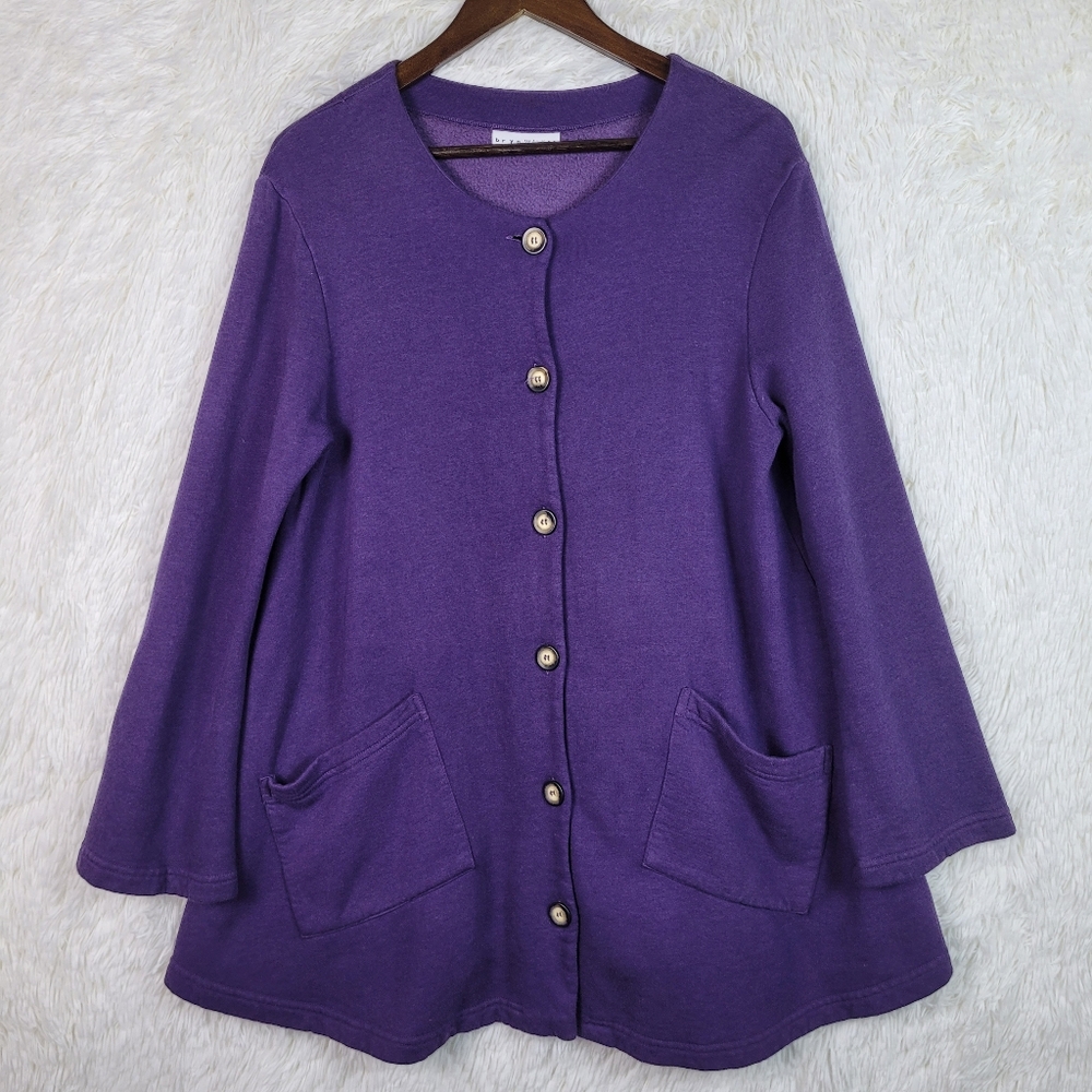 Bryn Walker M Purple Bamboo Organic Cotton Long Fleece Cardigan Lagenlook